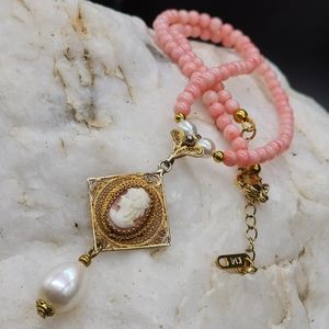 Antique Cameo Genuine Alghero Coral Freshwater Pearl Silver 14K Gold Filled